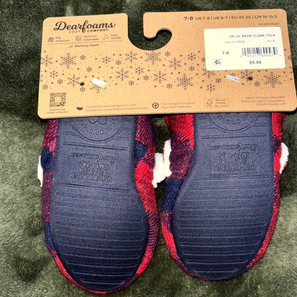 Dearfoams Lil Bear Slippers Kids 7-8 Red Blue Plaid Cozy Comfort‎ Memory Foam